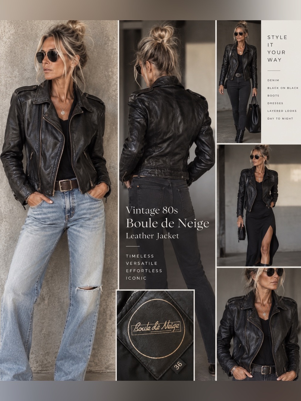 Vintage 80s Boule de Neige Black Genuine Leather Moto Jacket 36